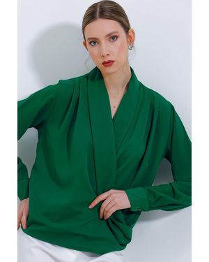 Bigdart Shawl Collar Loose Fit Blouse - Green