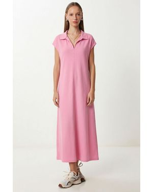 Happiness İstanbul Polo Collar Pull-On Midi Dress With Pocket - Pink