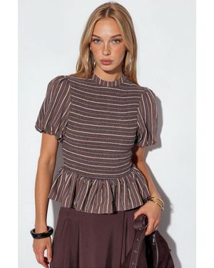 Busem Striped Textured Frill Blouse - Brown