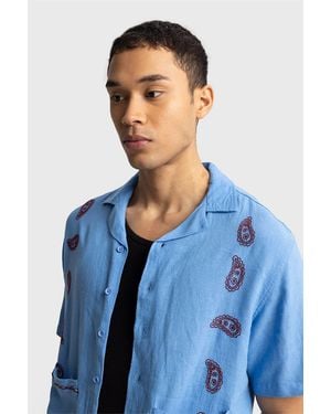 Giesto Cotton Embroidered Poplin Short Sleeve Shirt - Blue