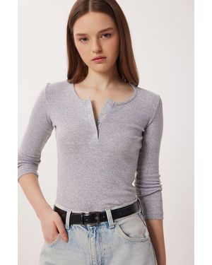 Happiness İstanbul Slim Fit U Collar Long Sleeved Blouse - Grey
