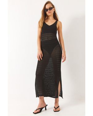 Bianco Lucci V-Neck Midi Slit Dress - Black