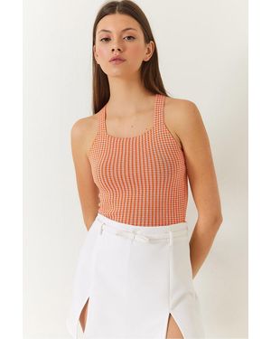 Bianco Lucci Gingham Print Fitted Crop Top - Orange