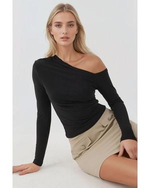 Hiccup Asymmetrical Collar Long Sleeve Slim Fit Soft Touch Knit Top - Black
