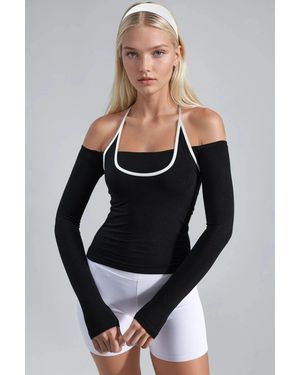 Busem Slim Fit Knitted Blouse With U Collar And Contrast Binding - Black