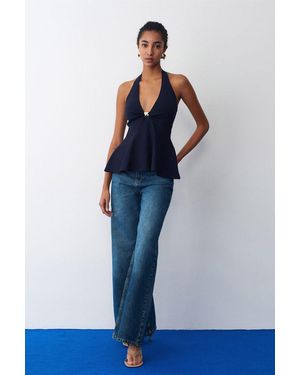 Dilvin Seamless Halter Peplum Blouse - Blue