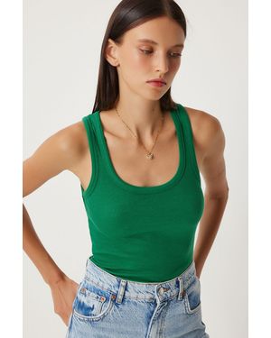 Happiness İstanbul Fitted Cotton U Collar Tank Top - Green