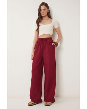 Happiness İstanbul Wide Leg Drawstring Waist Trousers With Binding Detail - Red