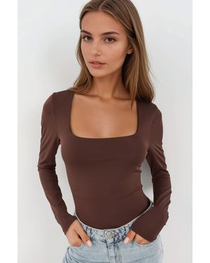 Hiccup Slim Fit Square Collar Knit Top - Brown