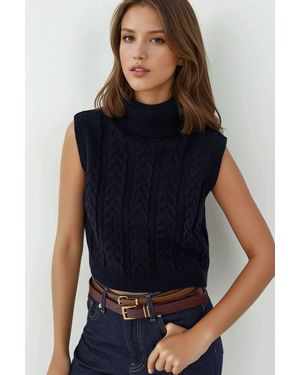 Hiccup Turtleneck Knitwear Jumper Vest With Hair Braid Pattern - Blue