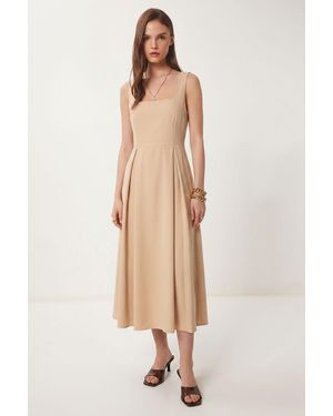 Happiness İstanbul Square Collar A-Form Midi Dress With Zipper Closure - Natural