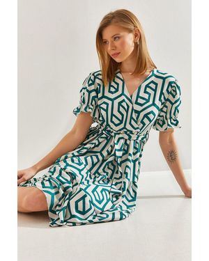 Bianco Lucci Geometric Pattern V-Neck Midi Dress With Belt - Blue