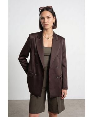 Dilvin Long Satin Shawl-Collar Blazer - Brown