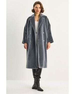 Bianco Lucci Plush Buttoned Coat - Blue