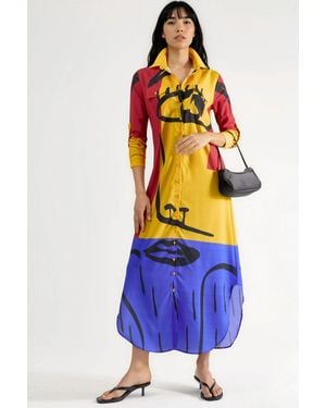 Msn-Collection Abstract Print Maxi Dress With Button Closure - White
