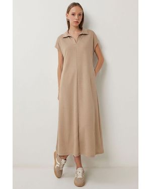 Happiness İstanbul Polo Collar Pull-On Midi Dress With Pocket - Natural