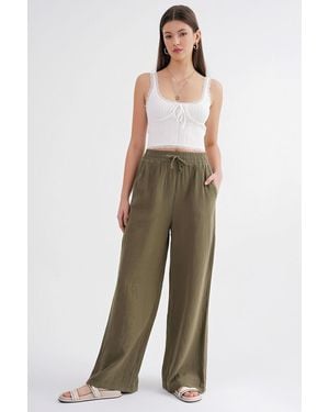 MixRay High Waist Textured Muslin Fabric Trousers - Green