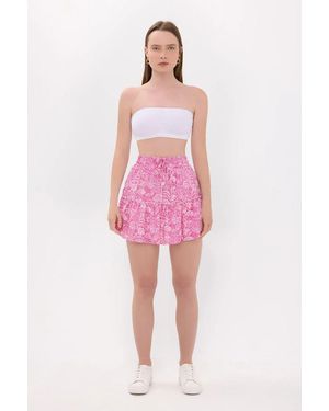 Hiccup Patterned High-Waist Woven Mini Skirt With Drawstring - Pink