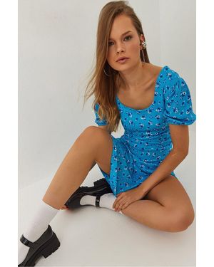 Bianco Lucci Textured Floral Mini Dress With Square Collar - Blue
