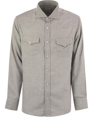Brunello Cucinelli Stretch Cotton Chevron Flannel Easy Fit Shirt With Snap Buttons, Epaulettes And Pockets - Grey