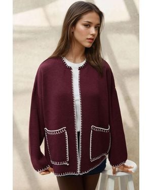 Hiccup Stitch Detailed Long Knit Cardigan - Red