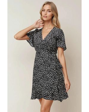 Hiccup Ditsy Flower Pattern V-Neck Viscose Mini Dress - Black