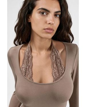 Hiccup Kanten Halterneck Rekbare Viscose Top - Bruin