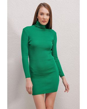 Bigdart Ribbed Turtleneck Mini Knit Dress - Green