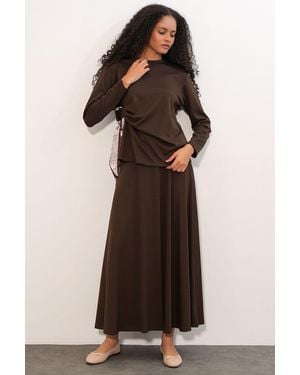 Bigdart Long Sleeve Blouse And Wide-Leg Skirt Coord - Brown