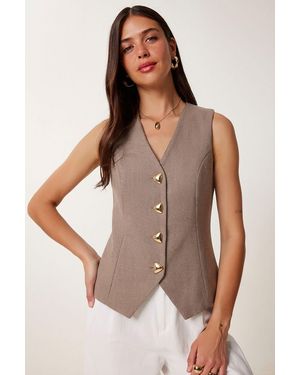 Happiness İstanbul Fitted Crepe Waistcoat With Buttons - Brown