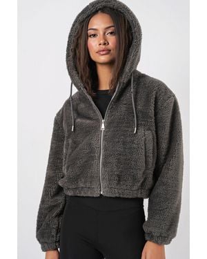Bigdart Crop Plush Zip-Front Hoodie - Grey