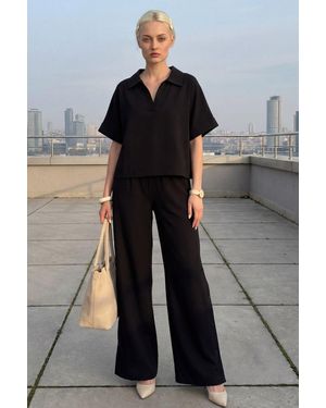 My Fashion V-Neck Short Sleeve Blouse & Wide Leg Trousers Two-Piece Set - Black