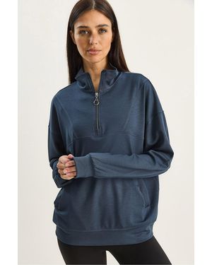 Bianco Lucci Relaxed Fit Zipper Collar Knitted Sweatshirt - Blue
