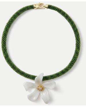 Veronica Beard Flower Pendant Beaded Necklace Green White - Metallic