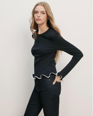 Veronica Beard Elianne Ruffle-trim T-shirt Navy White - Black