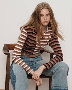 Veronica Beard Dilia Striped Button-down T-shirt Malt Navy Red Oak - Brown