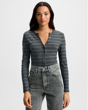 Veronica Beard Dilia Striped Button-down T-shirt Heather Gray Black