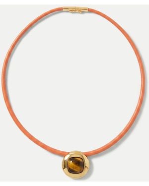 Veronica Beard Tiger's Eye Leather Cord Necklace Orange Brown - White