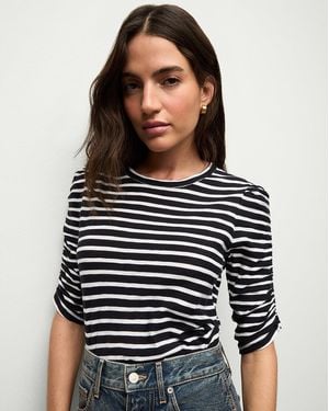 Veronica Beard Waldorf Ruched-sleeve Tee Navy White - Black