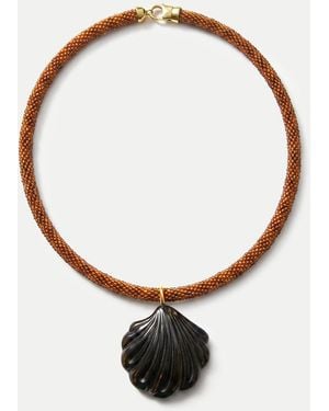Veronica Beard Scallop Shell Beaded Necklace Brown Black - White