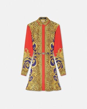Versace Cheetah Barocco Silk Midi Shirt Dress - Multicolour
