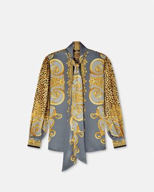 Versace Cheetah Foulard Silk Lavallière Shirt - Metallic