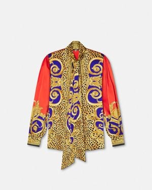 Versace Cheetah Barocco Silk Lavallière Shirt - Red