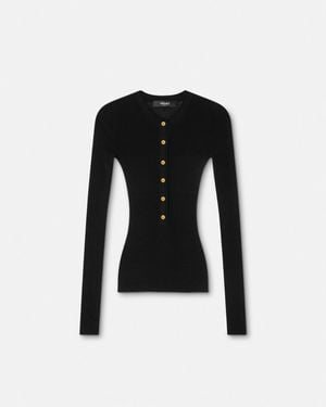 Versace Top Henley De Punto Acanalado De Lana Merina - Negro