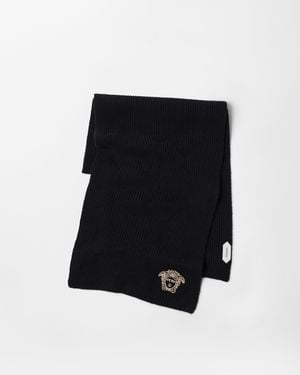 Versace Embroidered Cashmere Ribbed Knit Scarf - Black