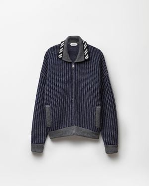 Versace Intarsia Wool Knit Zip Cardigan - Blue