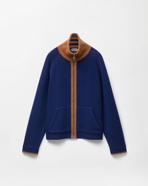Versace Jacquard Wool Blend Knit Zip Cardigan - Blue