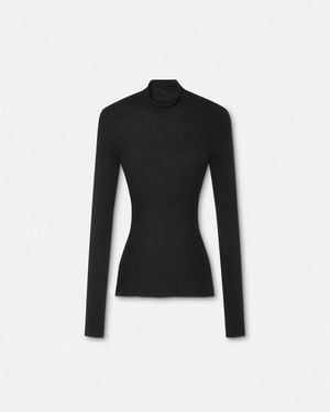 Versace Merino Wool Fitted Ribbed Knit Top - Black