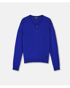 Versace Silk-Cotton Knit V-Neck Sweater - Blue
