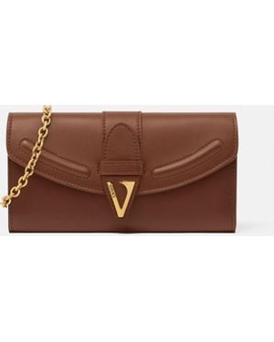Versace V Leather Wallet On Chain - Brown